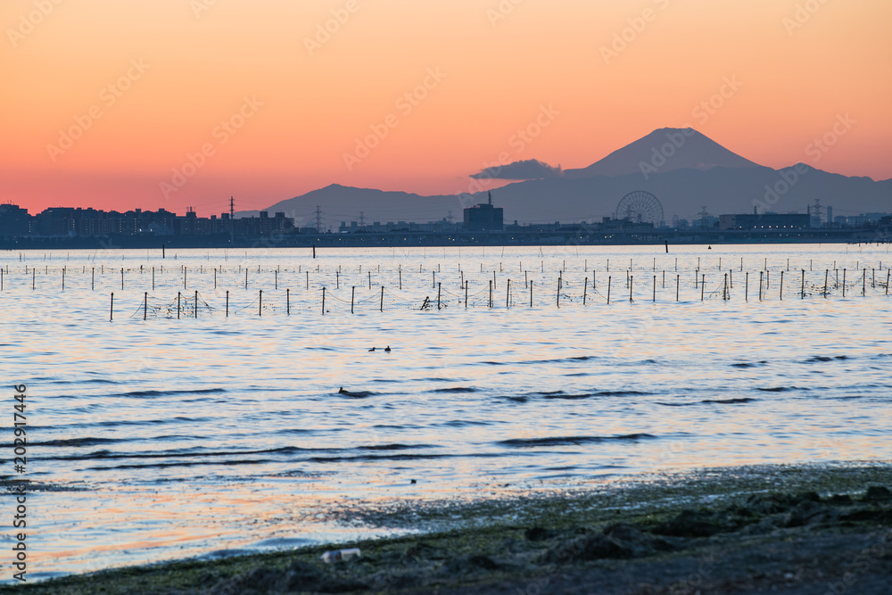Obraz premium Nice view of Tokyo sunset , Tokyo bay at Funabashi area and Mt. Fuji in winter season