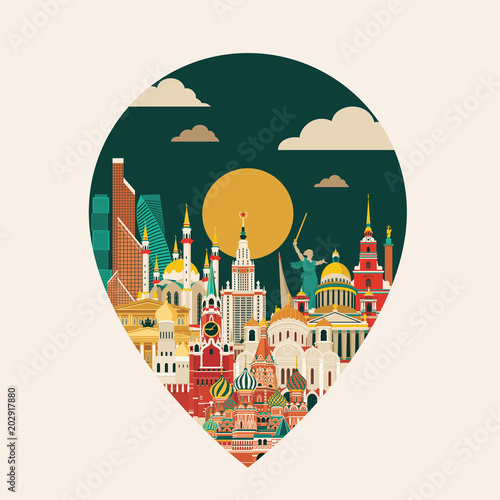 Colorful detailed Russia skyline. Travel and tourism background. Vector illustration