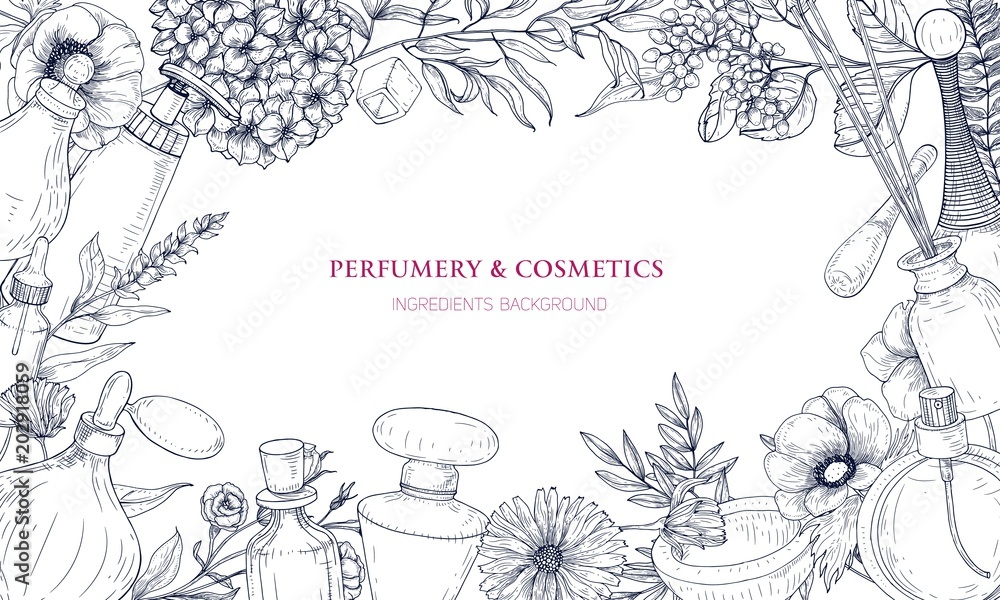 Horizontal backdrop with frame made of perfume and fragrance ingredients in flasks and blooming flowers hand drawn with contour lines on white background. Monochrome realistic vector illustration. Horizontal backdrop with frame made of perfume and fragrance ingredients in flasks and blooming flowers hand drawn with contour lines on white background. Monochrome realistic vector illustration.