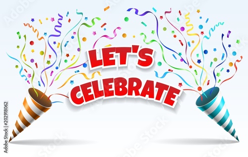 Celebrate party poppers. Vector fun crackers with serpentine sparkles for festive congratulations and evening parties