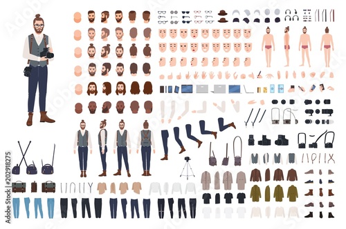 Photographer constructor set or DIY kit. Collection of male cartoon character body parts, facial expressions, clothes, digital and film photo cameras isolated on white background. Vector illustration.