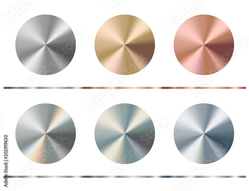 Metal gradient template. Gold, silver, bronze, platinum, steel, chrome round surface, vector illustration.