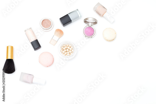 Set of cosmetics on white background. Copy space