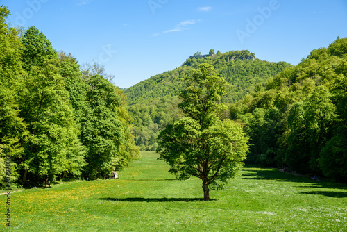 Hiking in beautiful landscape of Bad Urach, Swabian Alb, Baden-Wuerttemberg, Germany, Europe