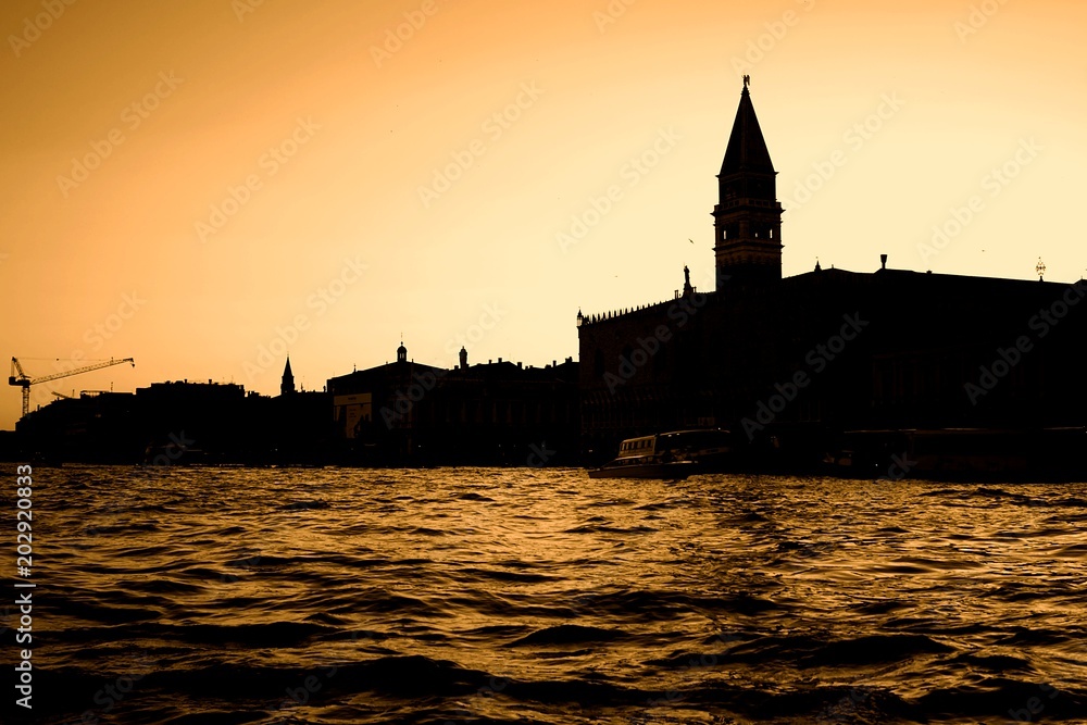 Silhouette of Bell Tower at St. Mark's Square in Venice during sunset