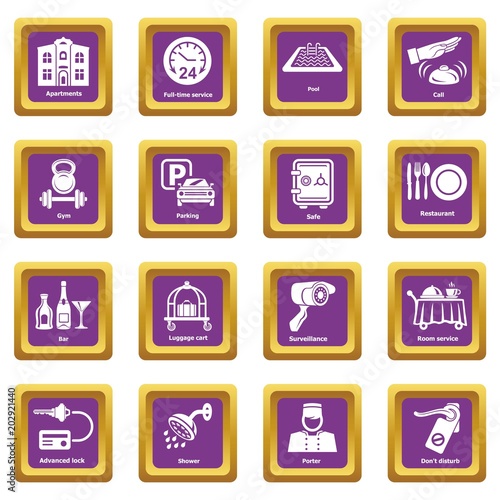 Hotel service icons set vector purple square isolated on white background 