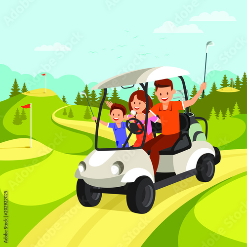 Happy Family with Golf Clubs goes by Golf Car on Golf Course. Vector illustration.