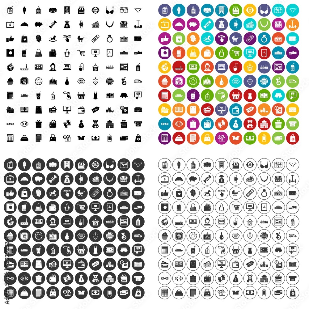 100 shopaholic icons set vector in 4 variant for any web design isolated on white