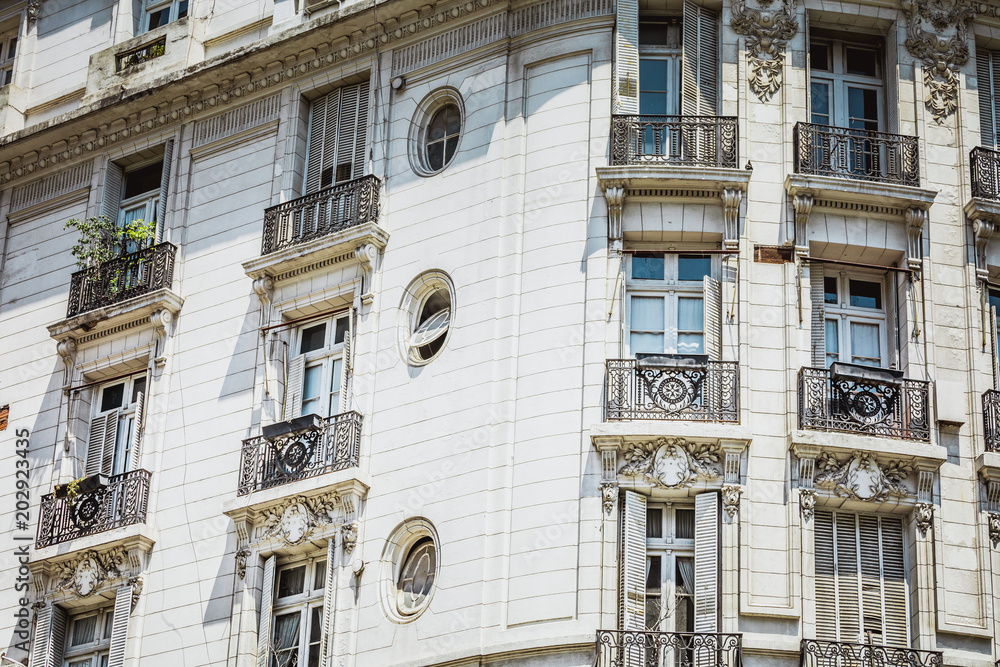 White facade of historic building in Buenos Aires, Argentina.