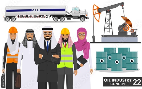 Oil industry concept. Detailed illustration of gasoline truck, oil pump, metal barrels, arab muslim businessman and businesswoman in flat style on white background. Vector illustration.