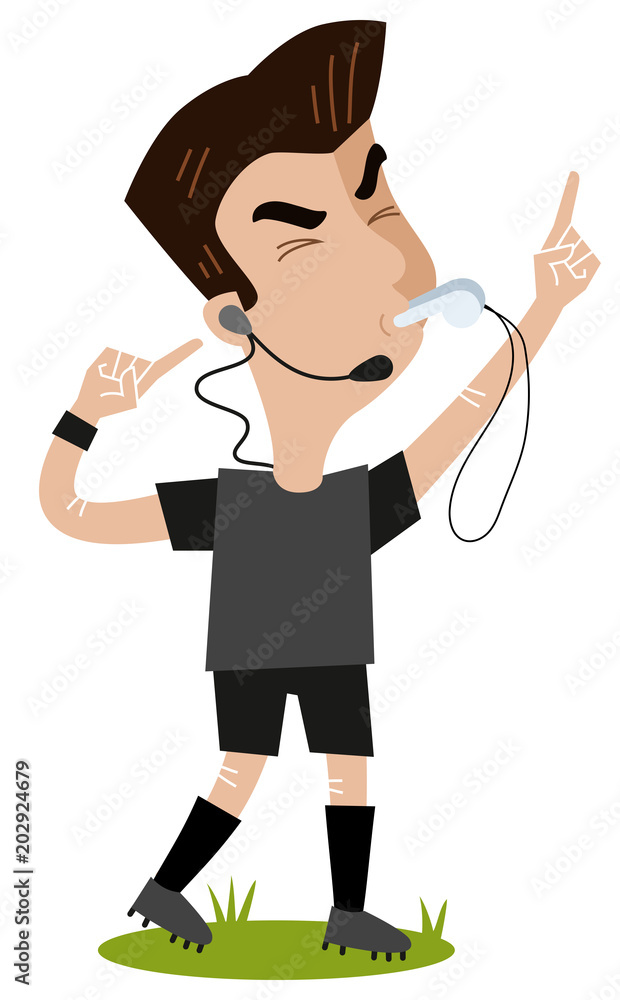 Fußball Cartoon, verärgerter Schiedsrichter pfeift und zeigt auf sein Headset Fußball Cartoon, verärgerter Schiedsrichter pfeift und zeigt auf sein Headset