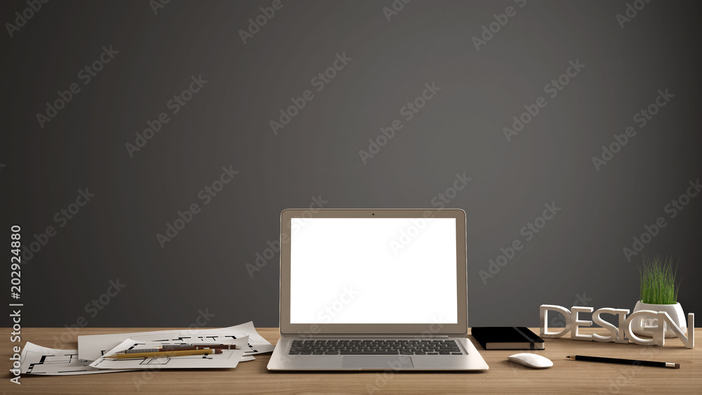 Desktop mockup, template, computer on wooden work desk with blank screen, paper, pencils and potted plant, gray copy space background Desktop mockup, template, computer on wooden work desk with blank screen, paper, pencils and potted plant, gray copy space background