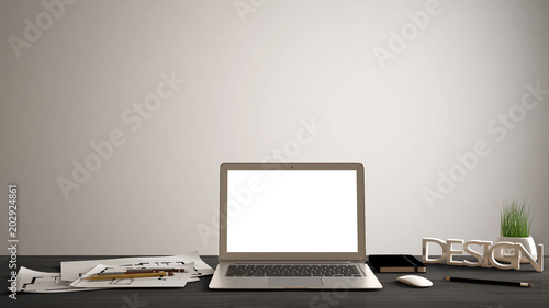 Desktop mockup, template, computer on wooden work desk with blank screen, paper, pencils and potted plant, white copy space background