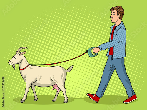 Man and goat as pet pop art vector illustration