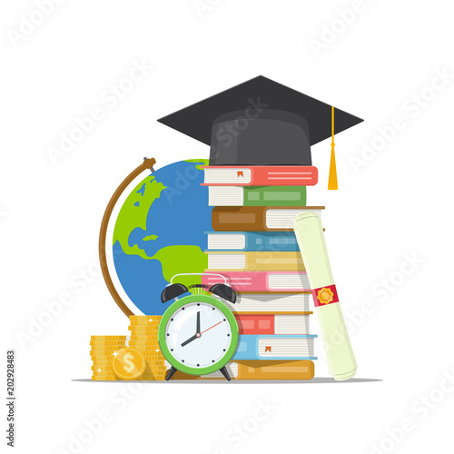 Stack of books, graduation cap, globe, alarm clock and pile coins isolated white background. Back to school, graduation or scholarship concept. Invest in education. Vector illustration in flat style.