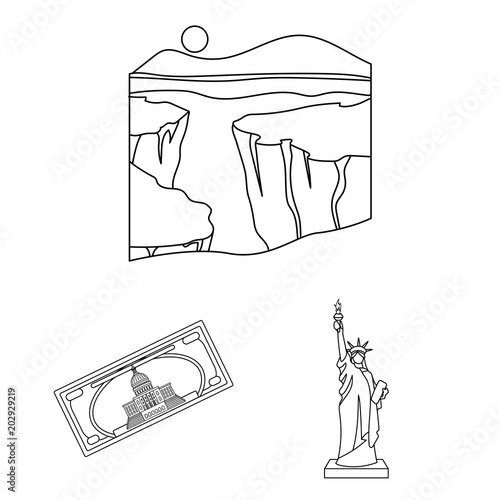 USA country outline icons in set collection for design.Travel and attractions vector symbol stock web illustration.