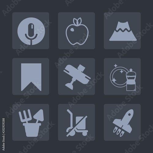 Premium set of fill icons. Such as toy, nature, fruit, bookmark, eruption, plane, cleaner, flight, shipping, launch, vegetarian, send, apple, broom, equipment, record, organic, microphone, volcano