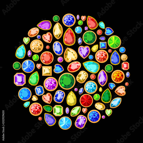 Set of colored gems isolated on black background, for printing, textiles, advertising, design. Vector