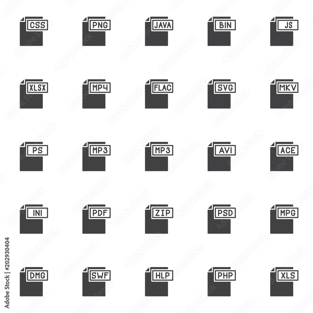File formats vector icons set, modern solid symbol collection, filled style pictogram pack. Signs, logo illustration. Set includes icons as css format document, png , java, bin , xlsx , mp4 , flac