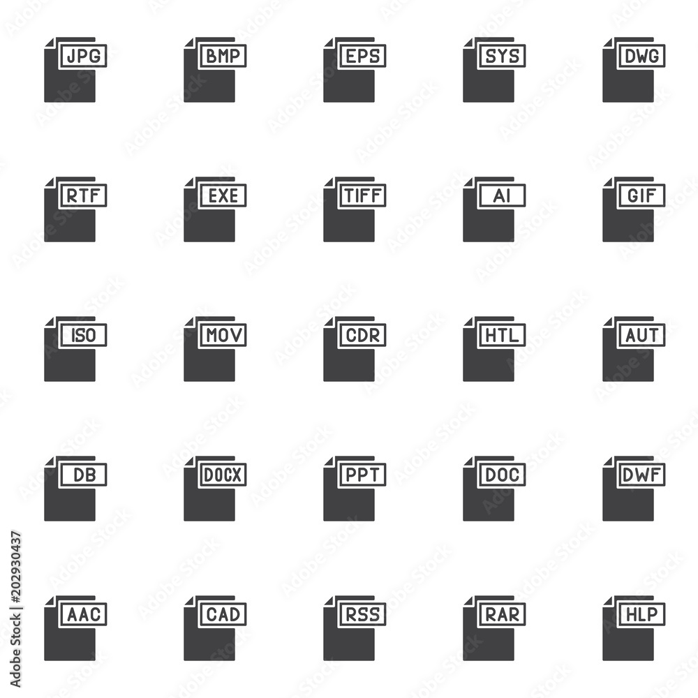Computer file formats vector icons set, modern solid symbol collection, filled style pictogram pack. Signs, logo illustration. Set includes icons as jpg format document, bmp , eps , sys , dwg , rtf