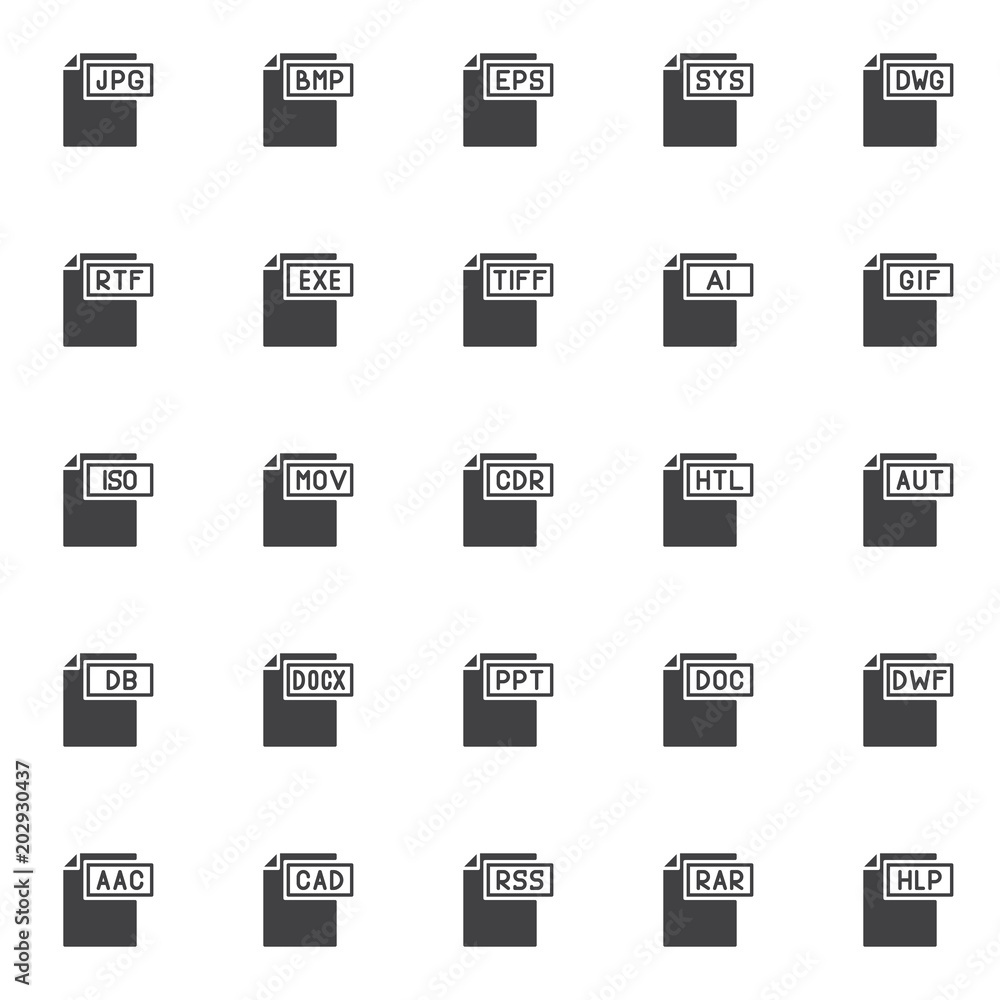 Computer file formats vector icons set, modern solid symbol collection, filled style pictogram pack. Signs, logo illustration. Set includes icons as jpg format document, bmp , eps , sys , dwg , rtf Computer file formats vector icons set, modern solid symbol collection, filled style pictogram pack. Signs, logo illustration. Set includes icons as jpg format document, bmp , eps , sys , dwg , rtf