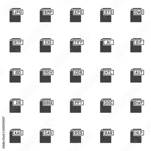 Computer file formats vector icons set, modern solid symbol collection, filled style pictogram pack. Signs, logo illustration. Set includes icons as jpg format document, bmp , eps , sys , dwg , rtf