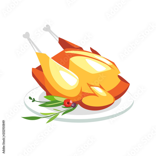Grilled boiled tasty chicken turkey duck on a plate with greenary