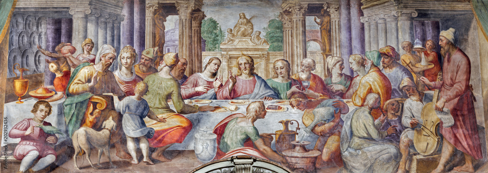 Fototapeta PARMA, ITALY - APRIL 16, 2018: The fresco of The wedding at Cana in church Chiesa di Santa Croce by Giovanni Maria Conti della Camera (1614 - 1670).