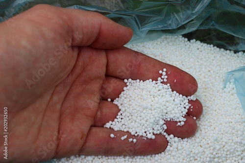 White ammonium nitrate in the hand closeup photo