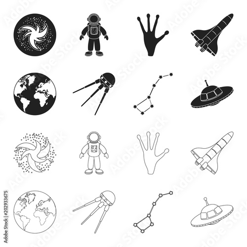 Planet Earth with continents and oceans, flying satellite, Ursa Major, UFO. Space set collection icons in black,outline style vector symbol stock illustration web.