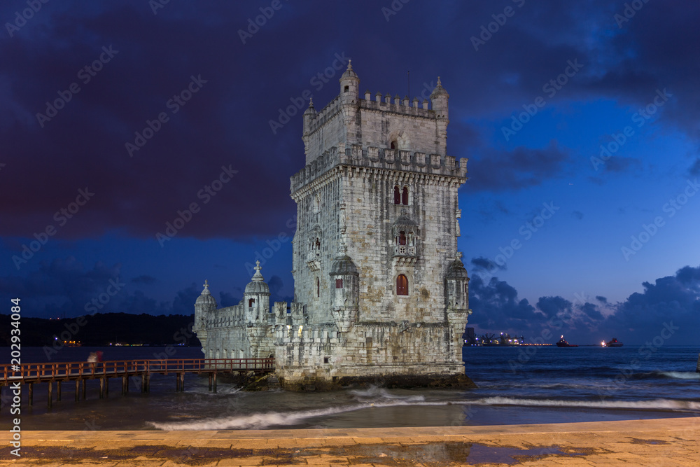 torre de belem in lisbon at night