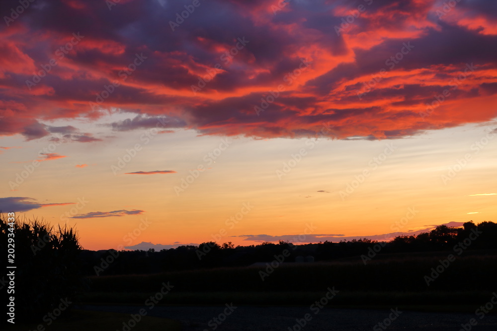 Sunset over Pennsylvania cornfields on a stormy, summer evening. Sunset over Pennsylvania cornfields on a stormy, summer evening.