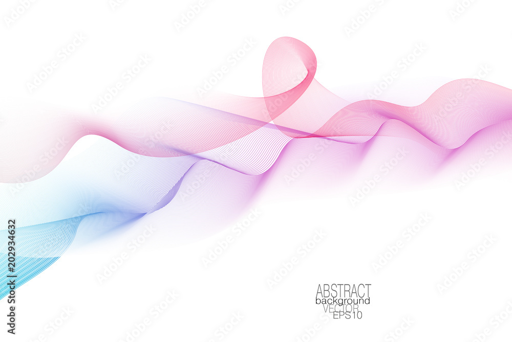 Flowing wave pattern on white background. Vector abstract purple, pink, red, blue waving lines. Line art elegant design element. Colorful curly waves, ribbon imitation. EPS10 illustration Flowing wave pattern on white background. Vector abstract purple, pink, red, blue waving lines. Line art elegant design element. Colorful curly waves, ribbon imitation. EPS10 illustration