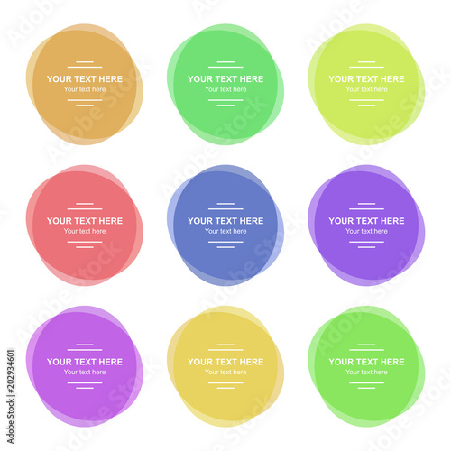Set of colorful round banners. Abstract shapes for design. Banners with sample text.