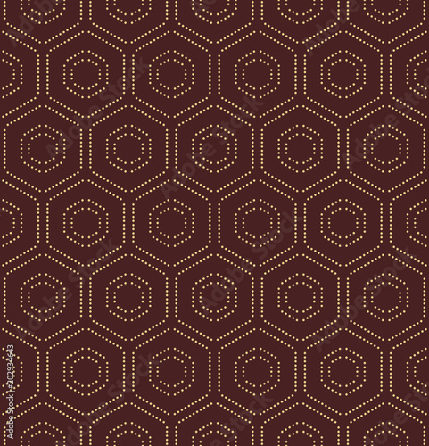 Geometric repeating ornament with golden hexagonal dotted elements. Geometric modern ornament. Seamless abstract modern pattern