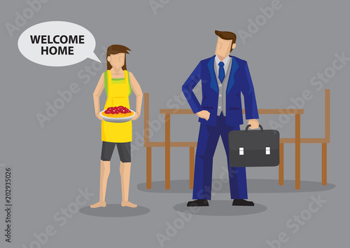 Homemaker Wife Welcomes Working Husband Home Cartoon Vector Illustration