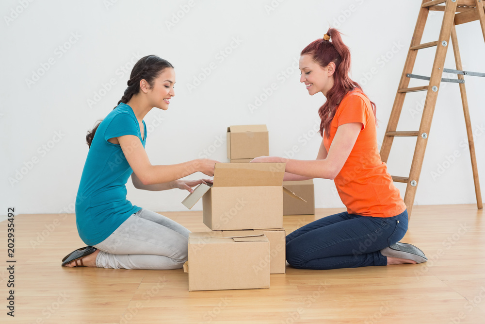 Side view of two friends moving together in a new house Side view of two friends moving together in a new house