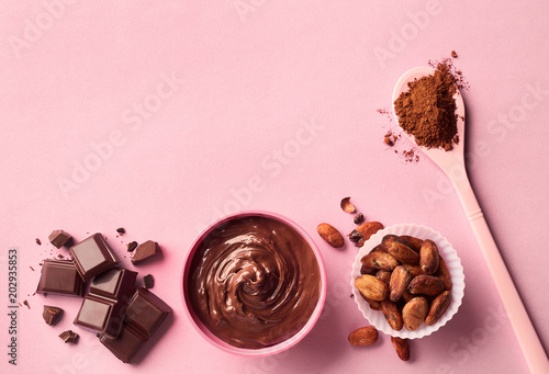 Dark chocolate, cacao powder and beans
