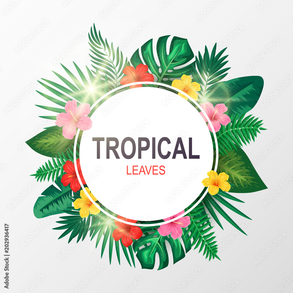 Green summer with exotic palm leaves and hibiscus flowers. Vector illustration Green summer with exotic palm leaves and hibiscus flowers. Vector illustration