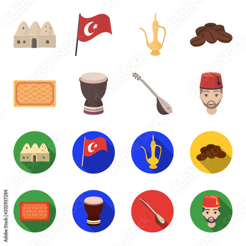 Turkish carpet, saz, drum, turkish men.Turkey set collection icons in cartoon,flat style vector symbol stock illustration web.