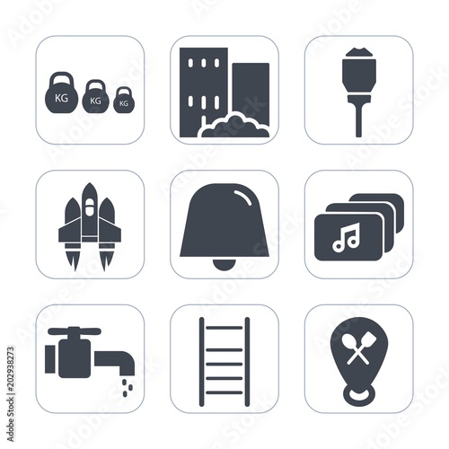 Premium fill icons set on white background . Such as faucet, electric, metal, lamp, post, architecture, business, shuttle, restaurant, ladder, electricity, space, fitness, ship, sign, construction