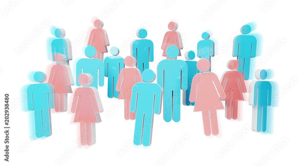 3D rendering group of people with blue man and pink woman 3D rendering group of people with blue man and pink woman