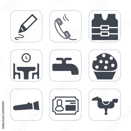 Premium fill icons set on white background . Such as internet, night, dessert, card, jacket, vest, water, safety, call, sweet, school, crane, flashlight, happy, mobile, stationery, office, food, sign