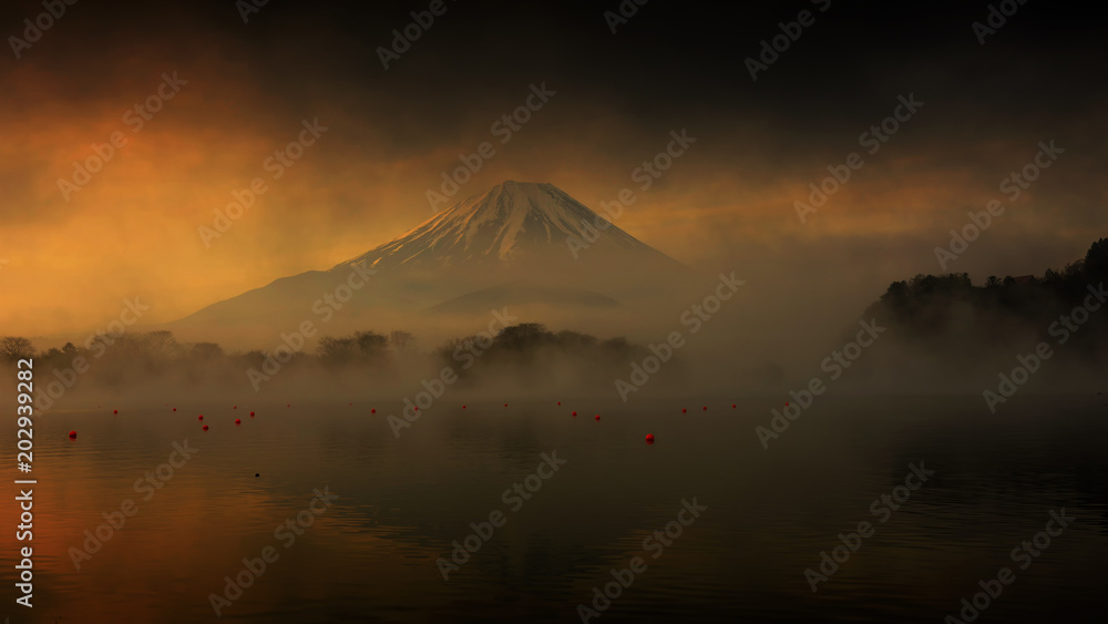 Fujisan in dark mist at dawn Fujisan in dark mist at dawn