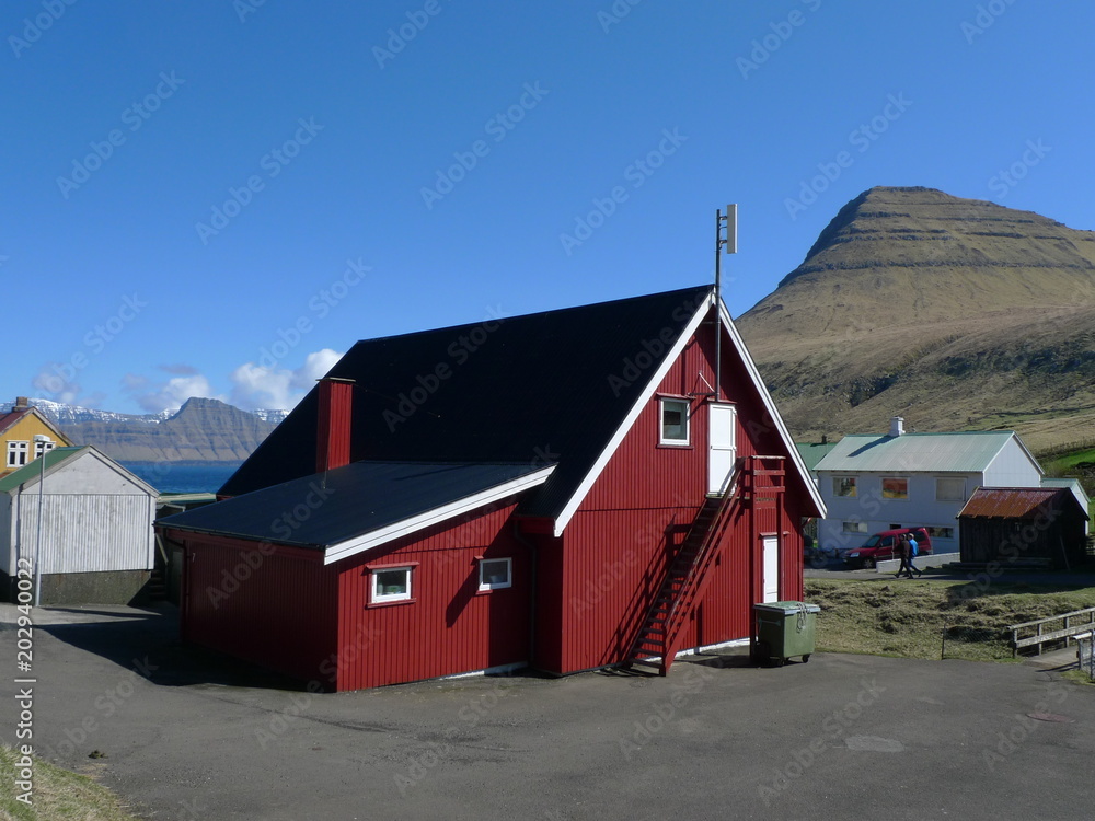 red house at giogv village at faroe islands