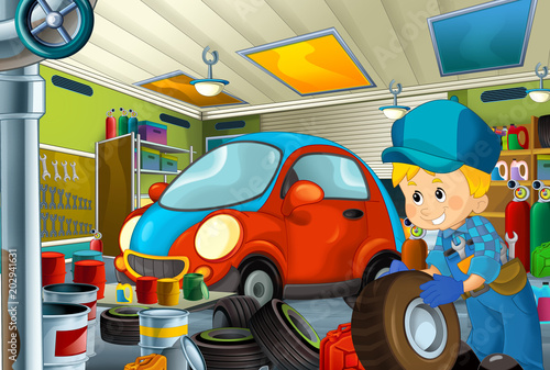 Fototapeta Naklejka Na Ścianę i Meble -  cartoon scene with garage mechanic working repearing some vehicle - fireman car - or cleaning work place - illustration for children