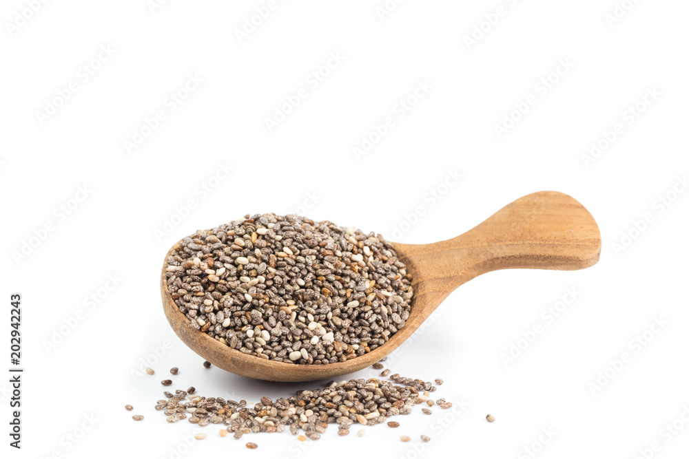 chia seeds in wooden spoon Isolated on white background chia seeds in wooden spoon Isolated on white background