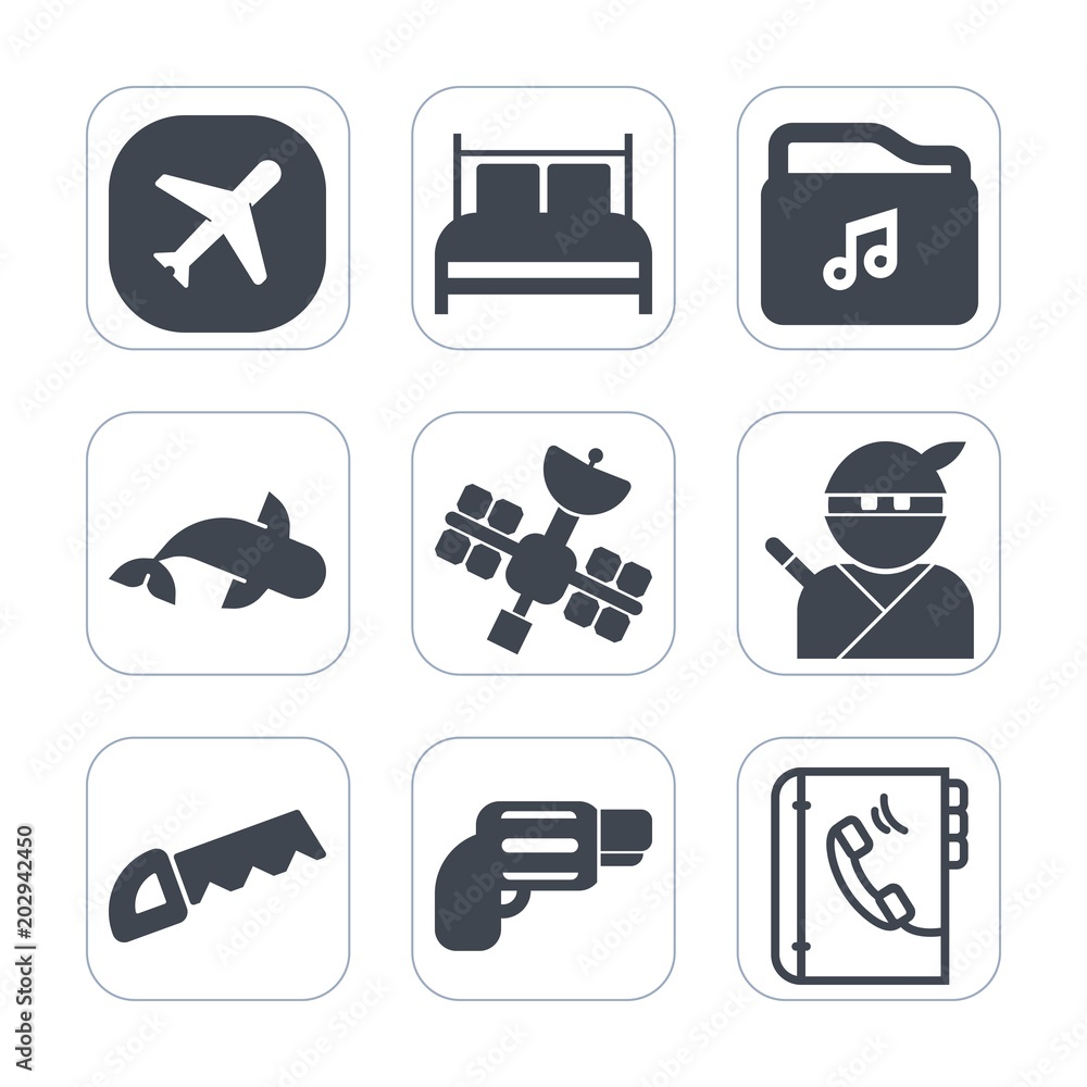 Premium fill icons set on white background . Such as flight, saw, ninja, fishing, internet, communication, plane, aircraft, sea, pistol, web, bed, weapon, japan, video, travel, gun, satellite, pillow Premium fill icons set on white background . Such as flight, saw, ninja, fishing, internet, communication, plane, aircraft, sea, pistol, web, bed, weapon, japan, video, travel, gun, satellite, pillow