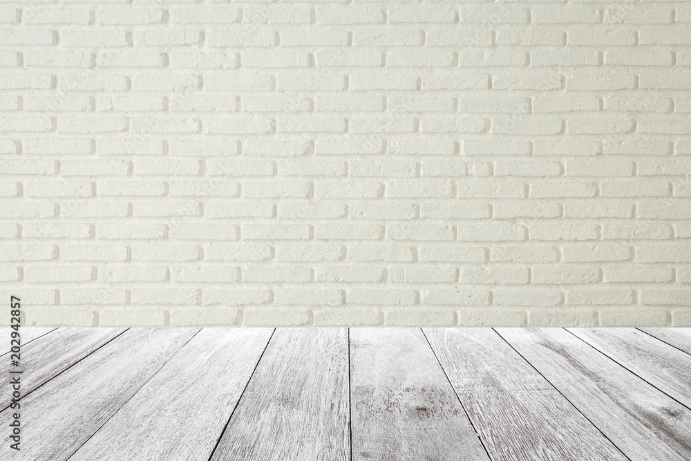 Empty wooden table with white brick wall background,product display template.