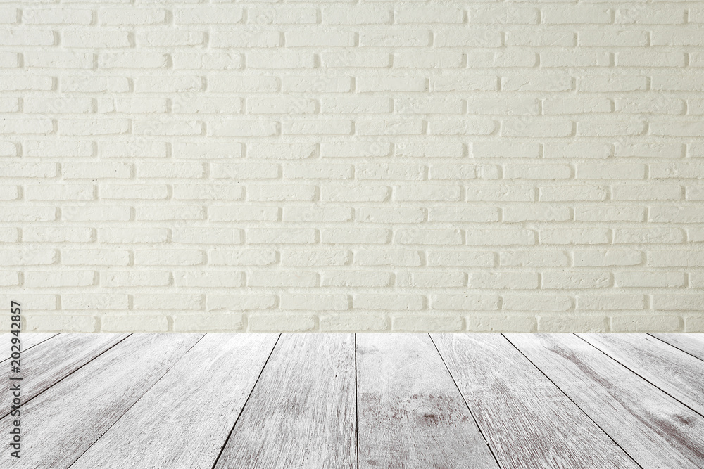 Empty wooden table with white brick wall background,product display template. Empty wooden table with white brick wall background,product display template.